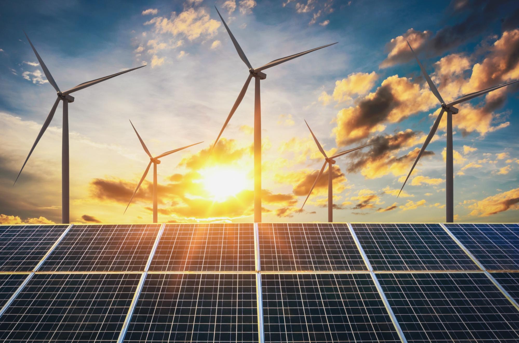 Image of wind turbines and solar panels